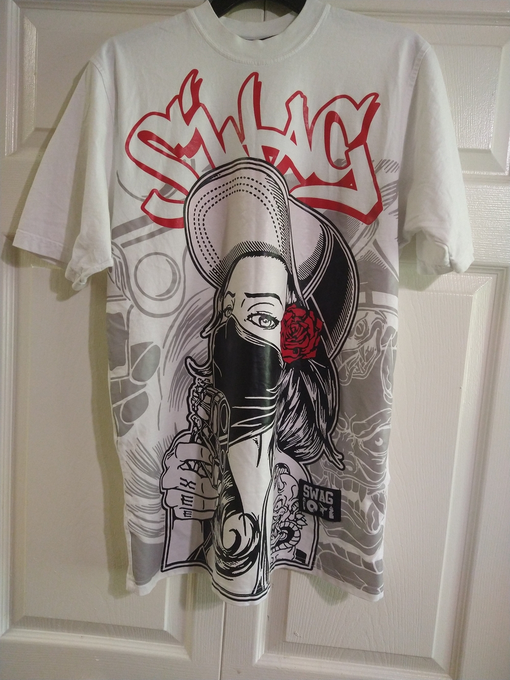 Men's White Graphic Tee with Red and Gray Street Art
